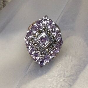 Sterling Silver Amethyst Marcasite Ring, Antique Style, Size 6